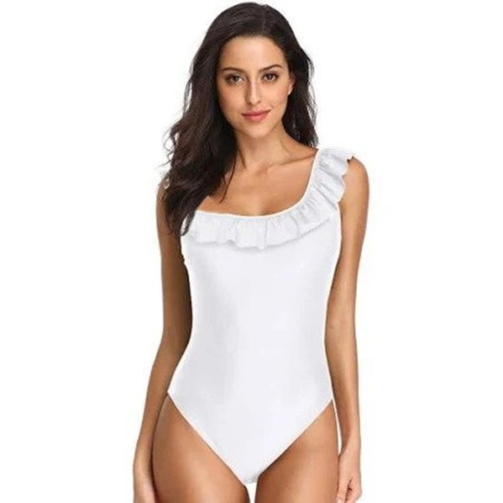 WHITE ONE SHOULDER RUFFLED ONE PIECE SWIMSUIT